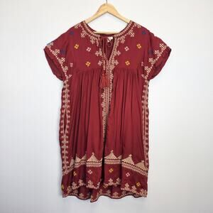 Sundance Embroidered Tunic Mini Dress Rust Burgundy Floral Boho Peasant Sz PL